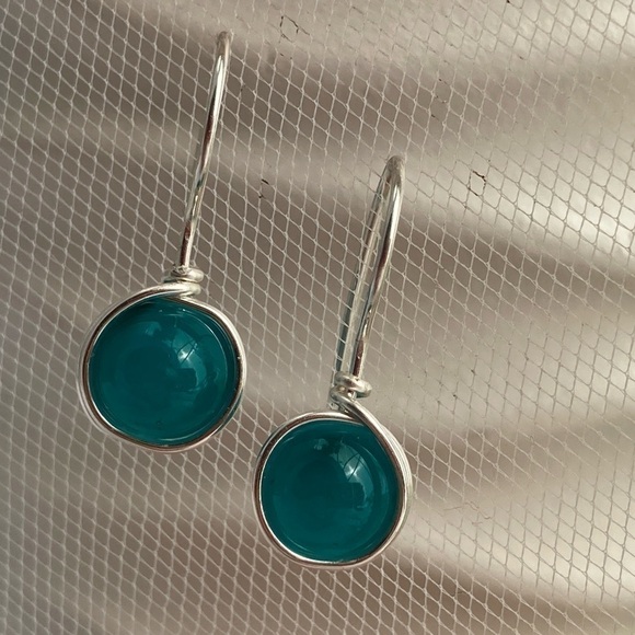 TEAL and Silver Wire Wrapped Minimalist Earrings - Picture 4 of 16